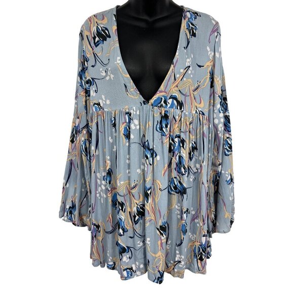 Tops - Free People Floral Blouse Top Medium M Gray Blue Pink Women Boho Babydoll VGUC